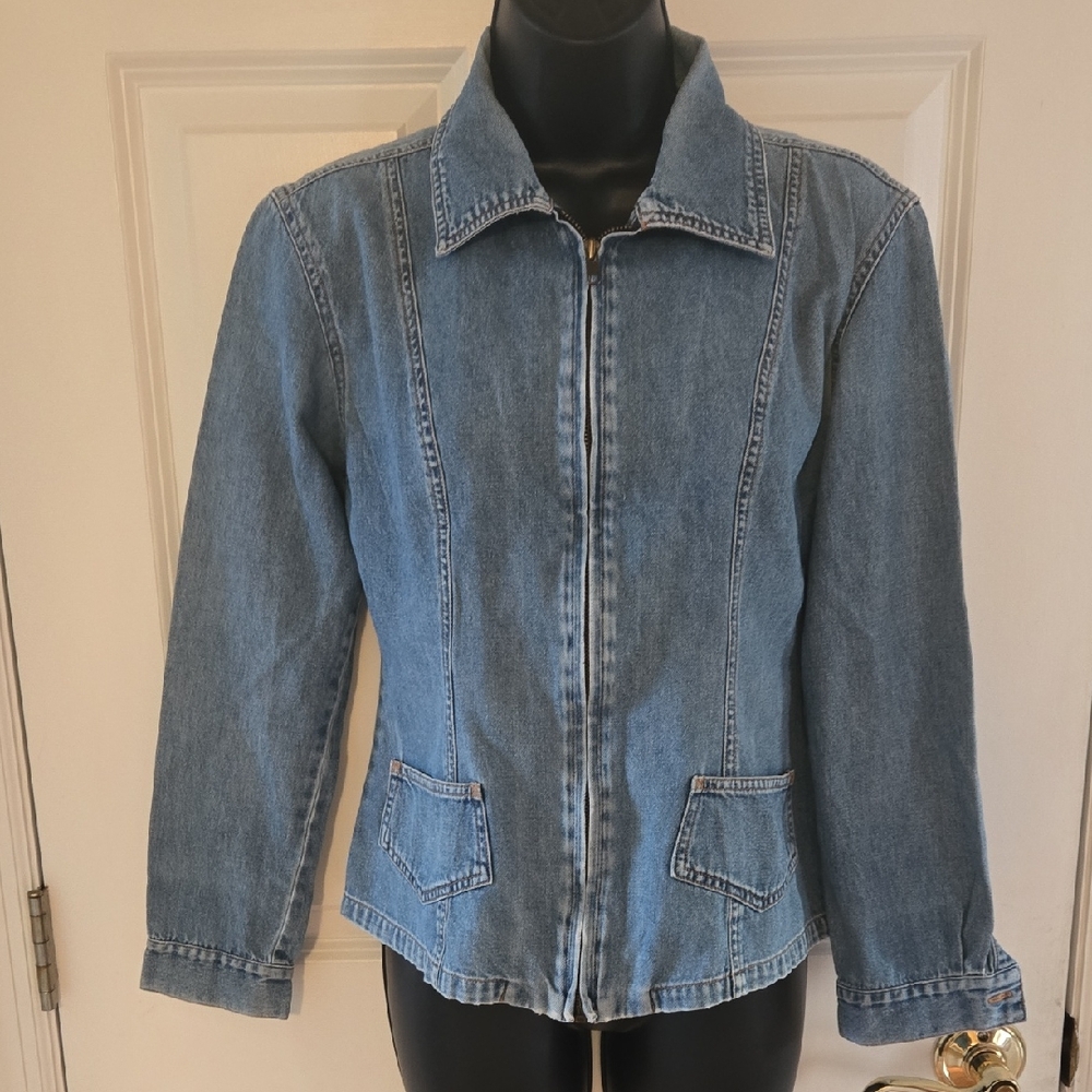 Vintage Y2K Denim Top S Front Zip Long Sleeve Collared Medium Wash Fitted Jacket